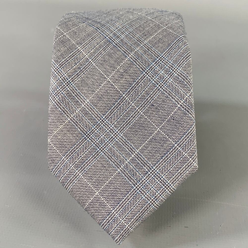 BLACK FLEECE Grey White Plaid Wool Skinny Tie